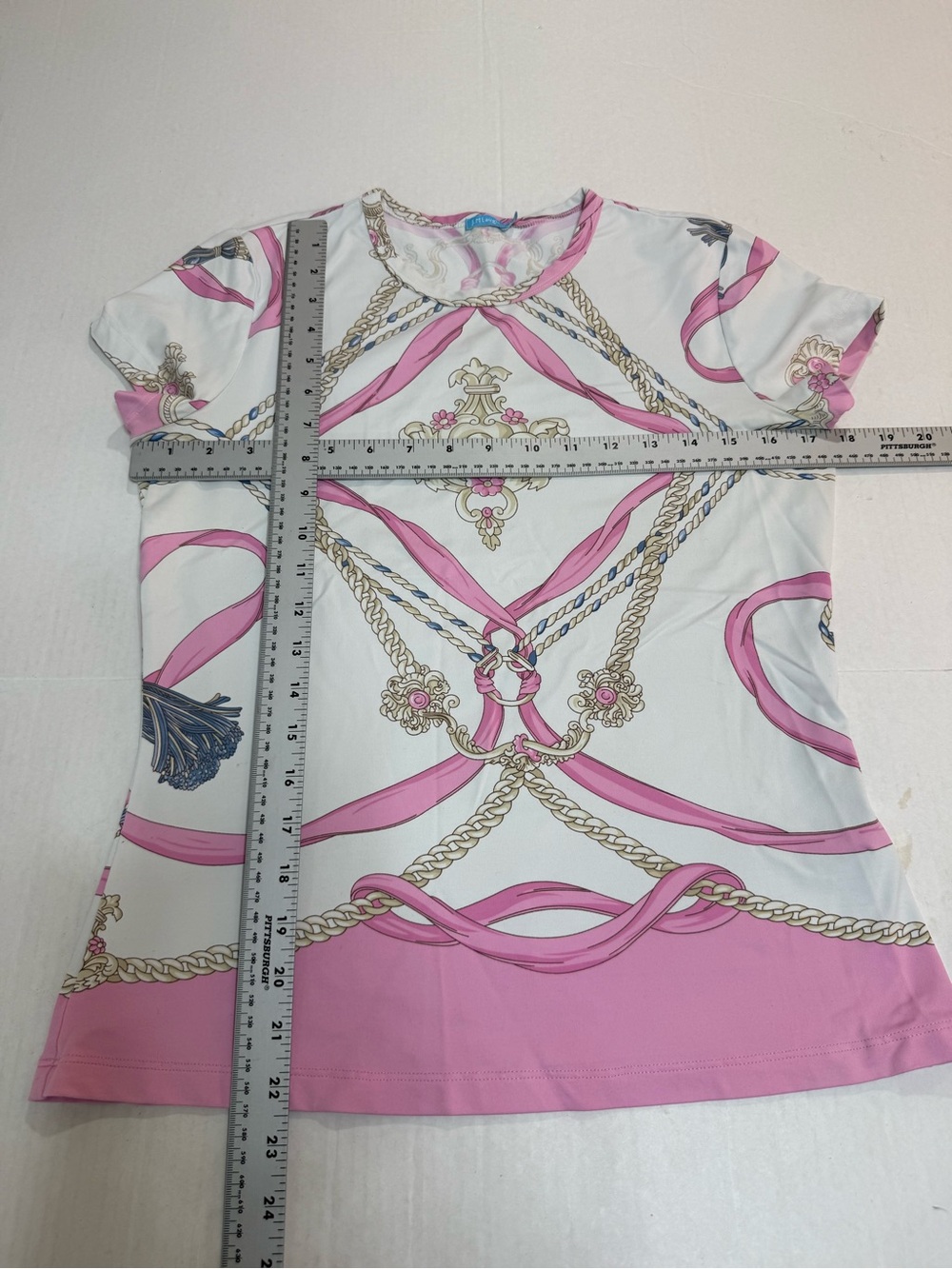 J.McLaughlin Size S Pink White Equestrian Chain Print Stretch Top Short Sleeve - Picture 7 of 7